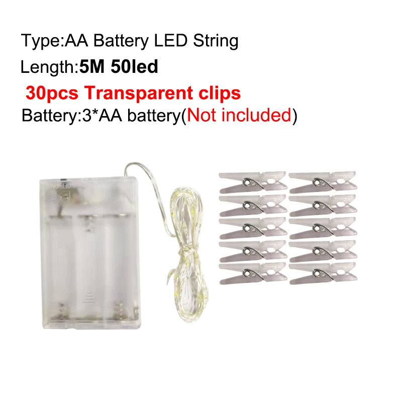 LED String Light 5M 10M Photo Clip USB LED Fairy Lights Battery Operated Garland Bedroom Home Party Wedding Christmas Decoration