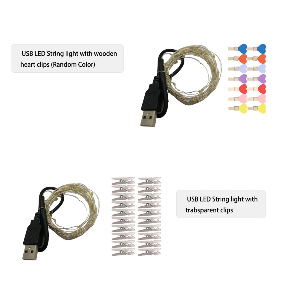 LED String Light 5M 10M Photo Clip USB LED Fairy Lights Battery Operated Garland Bedroom Home Party Wedding Christmas Decoration