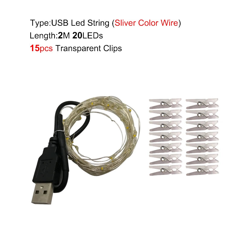 LED String Light 5M 10M Photo Clip USB LED Fairy Lights Battery Operated Garland Bedroom Home Party Wedding Christmas Decoration