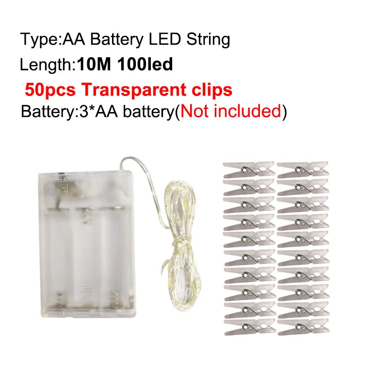LED String Light 5M 10M Photo Clip USB LED Fairy Lights Battery Operated Garland Bedroom Home Party Wedding Christmas Decoration