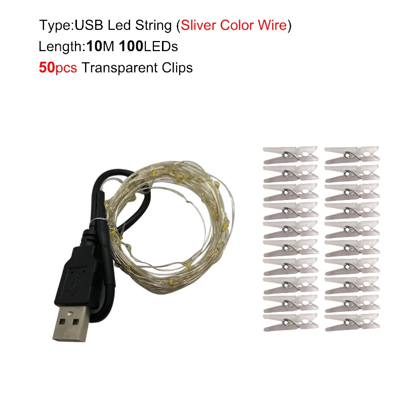 LED String Light 5M 10M Photo Clip USB LED Fairy Lights Battery Operated Garland Bedroom Home Party Wedding Christmas Decoration