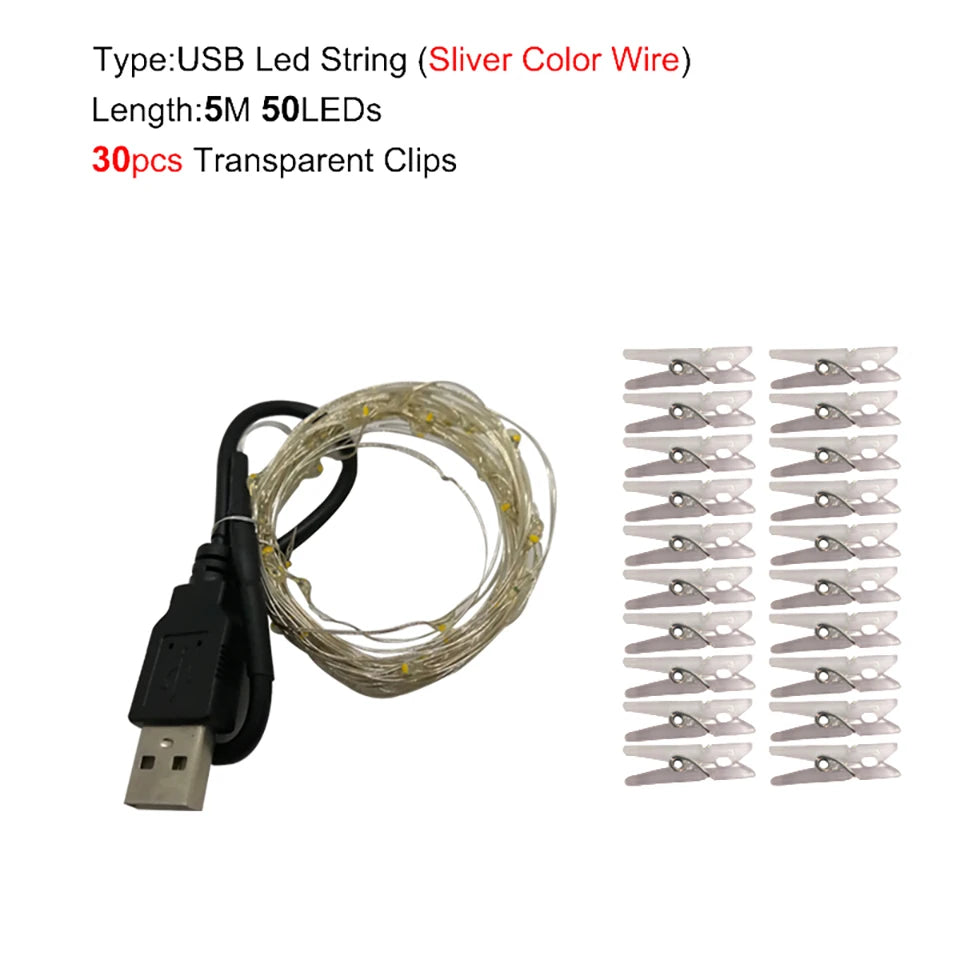 LED String Light 5M 10M Photo Clip USB LED Fairy Lights Battery Operated Garland Bedroom Home Party Wedding Christmas Decoration