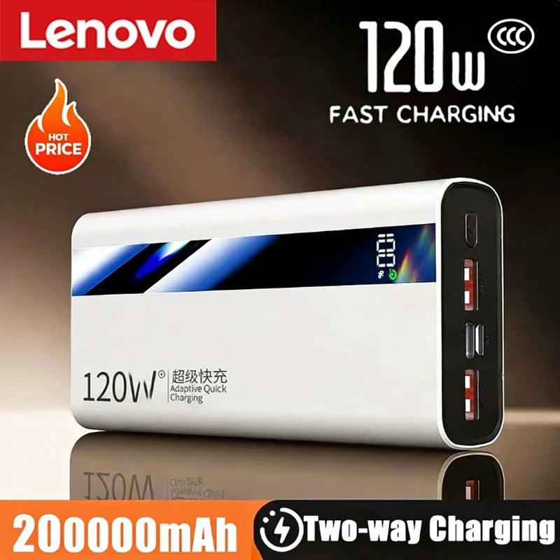 Lenovo 200000mAh 120W Fast Charging 2026 Large Capacity Digital Display Power Bank Outdoor Power Supply for Huawei iPhone