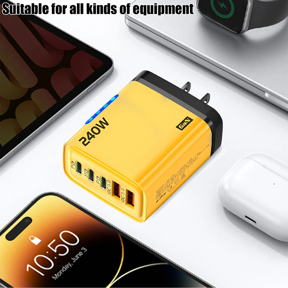 5 in 1 GaN Desktop Charger 240W Fast Charging Adapter For iPhone 17 16 15Pro Samsung 10A USB To Type C Cable 3PD 2USB Charger