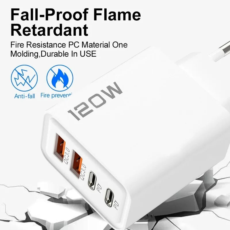 PD 120W 4 Ports USB C Charger Quick Charge 3.0 Type C USB Phone Chargers Fast Charging Adapter for Samsung iPhone Xiaomi Huawei