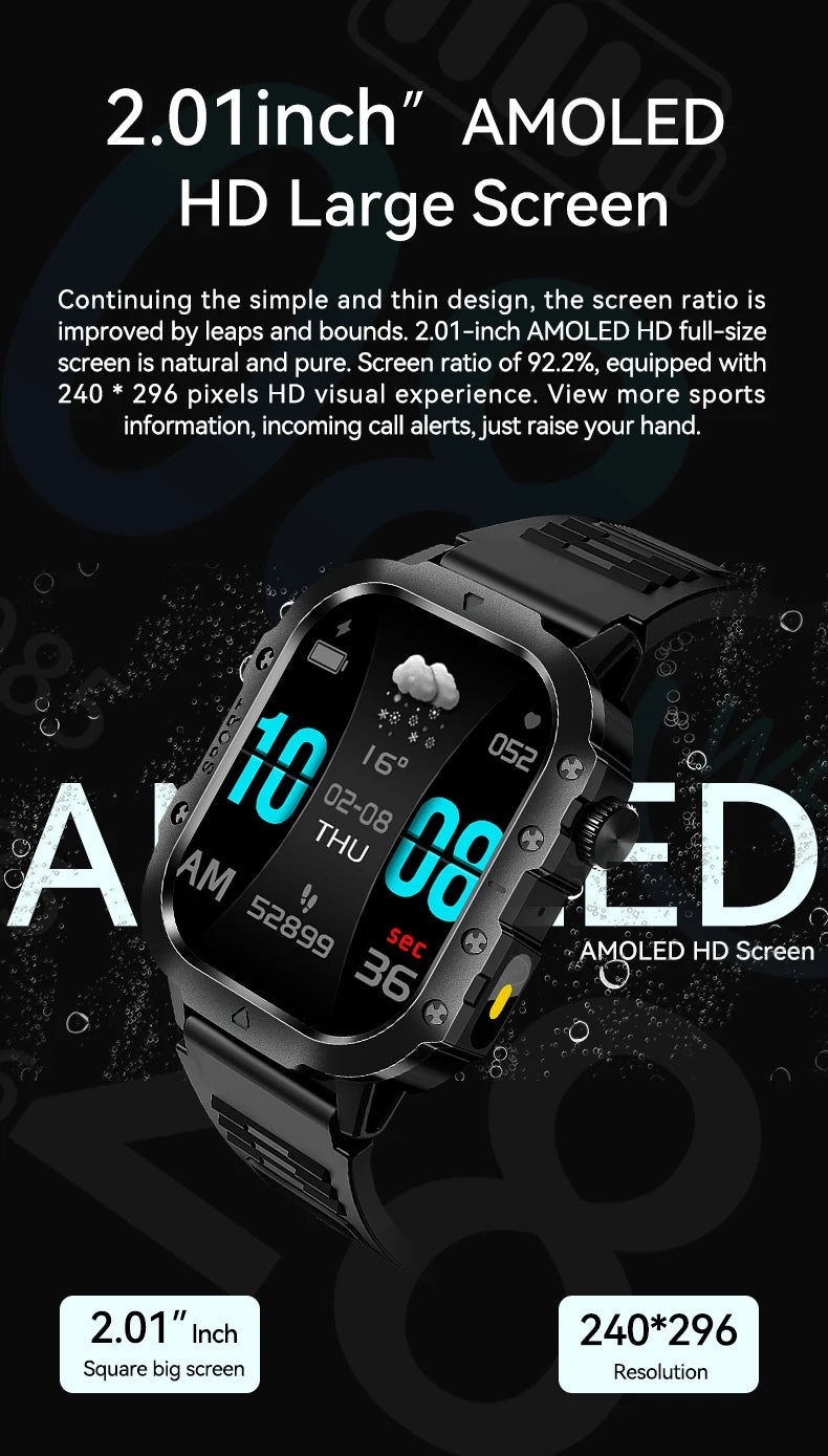 Outdoor Flashlight 2.01'' Men's Smartwatches Fitness Tracker BT Call Smart Bracelet Sport Wrist Watches for Man IOS Android 2026