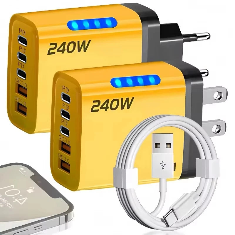5 in 1 GaN Desktop Charger 240W Fast Charging Adapter For iPhone 17 16 15Pro Samsung 10A USB To Type C Cable 3PD 2USB Charger