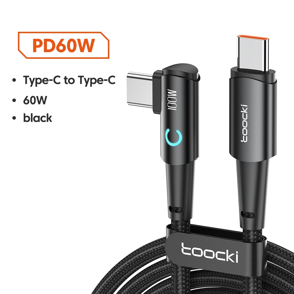 Toocki 100W USB C TO Type C Cable PD Fast Charger For Samsung HUAWEI Xiaomi MacBook POCO  Elbow 90 Degree USB 2.0 Data Cord Wire