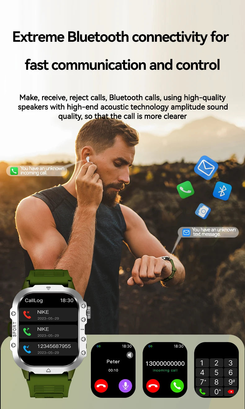 Outdoor Flashlight 2.01'' Men's Smartwatches Fitness Tracker BT Call Smart Bracelet Sport Wrist Watches for Man IOS Android 2026