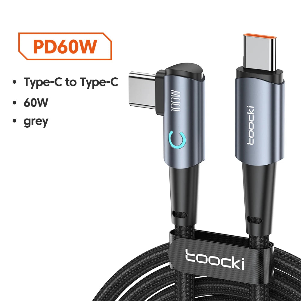 Toocki 100W USB C TO Type C Cable PD Fast Charger For Samsung HUAWEI Xiaomi MacBook POCO  Elbow 90 Degree USB 2.0 Data Cord Wire