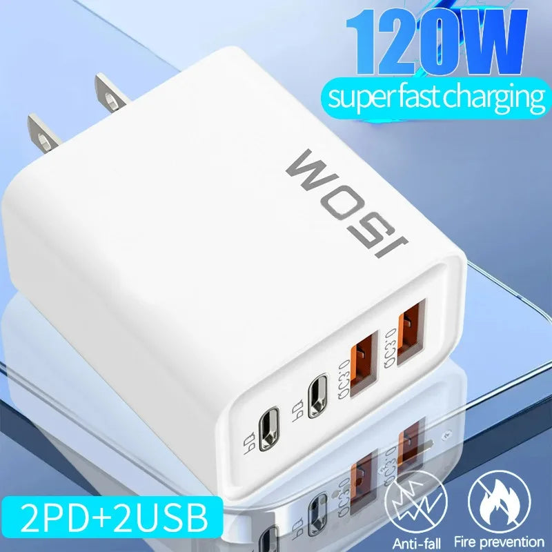 PD 120W 4 Ports USB C Charger Quick Charge 3.0 Type C USB Phone Chargers Fast Charging Adapter for Samsung iPhone Xiaomi Huawei