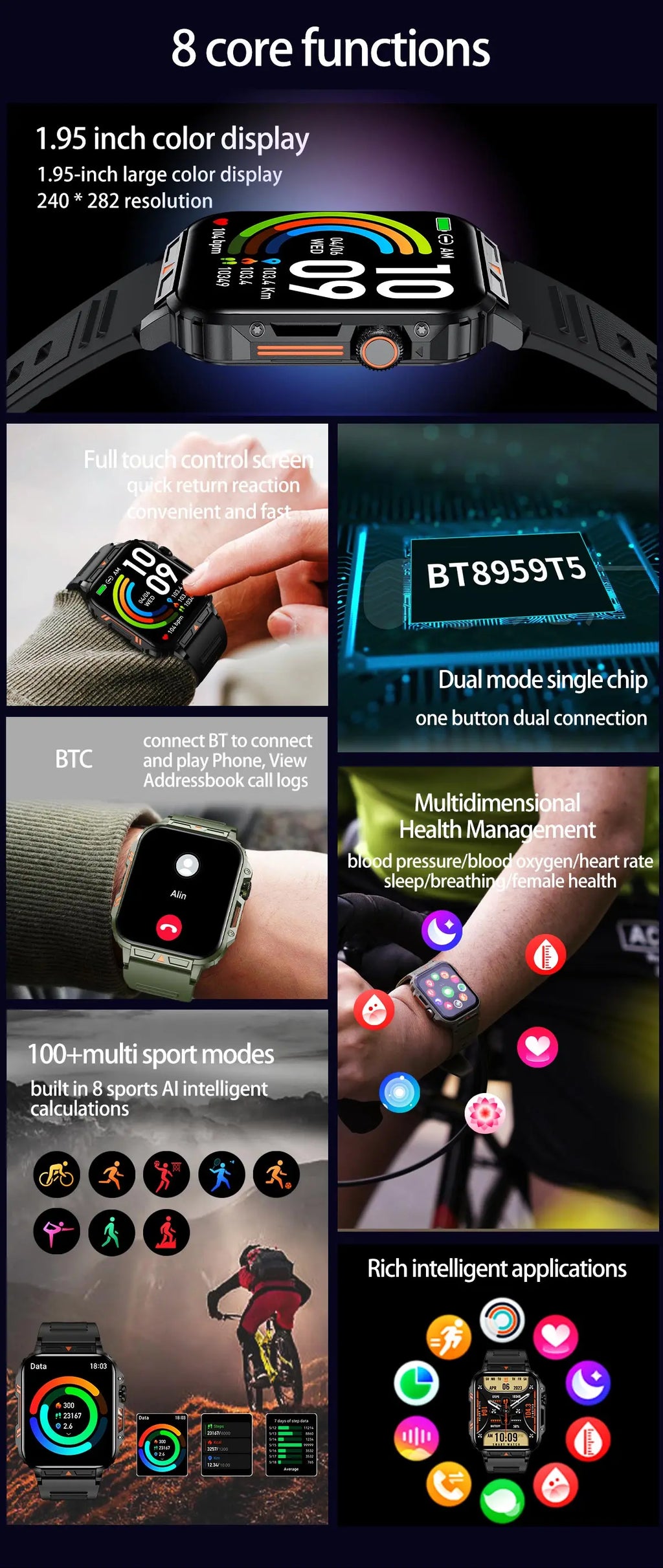 Military Men Smart Watch Health Monitor Wireless Call Smartwatch Fitness IP68 Waterproof Sports Watches for Women Android 2026
