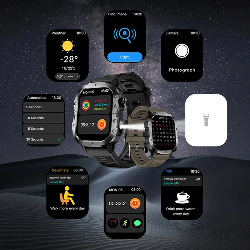 Outdoor Flashlight 2.01'' Men's Smartwatches Fitness Tracker BT Call Smart Bracelet Sport Wrist Watches for Man IOS Android 2026