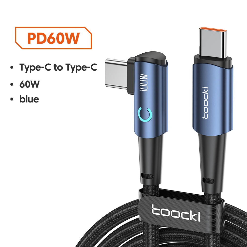 Toocki 100W USB C TO Type C Cable PD Fast Charger For Samsung HUAWEI Xiaomi MacBook POCO  Elbow 90 Degree USB 2.0 Data Cord Wire