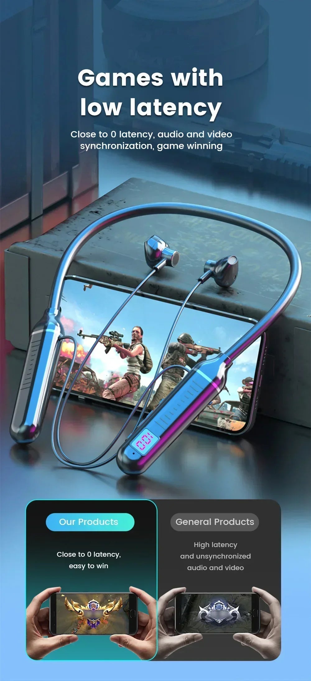 K58pro Wireless Earphones Bluetooth 5.3 Neckband Headphones Gaming LED Display HIFI Headset Sports TWS Earbuds With Mic TF Card