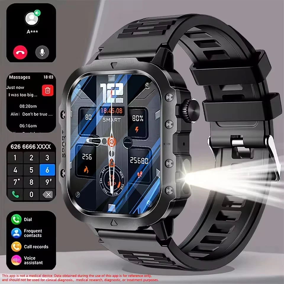 Outdoor Flashlight 2.01'' Men's Smartwatches Fitness Tracker BT Call Smart Bracelet Sport Wrist Watches for Man IOS Android 2026