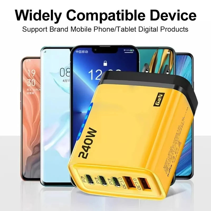 5 in 1 GaN Desktop Charger 240W Fast Charging Adapter For iPhone 17 16 15Pro Samsung 10A USB To Type C Cable 3PD 2USB Charger