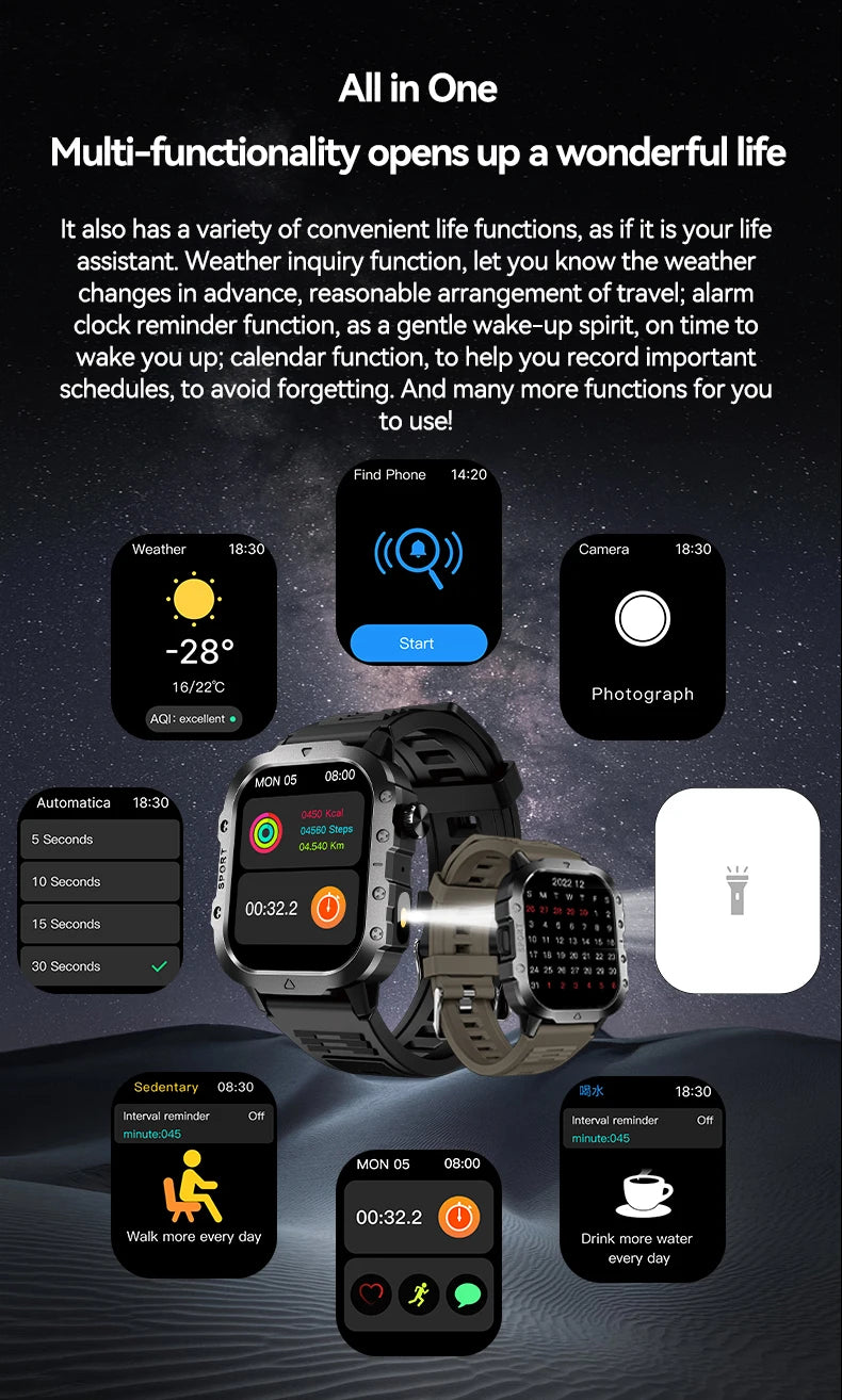 Outdoor Flashlight 2.01'' Men's Smartwatches Fitness Tracker BT Call Smart Bracelet Sport Wrist Watches for Man IOS Android 2026