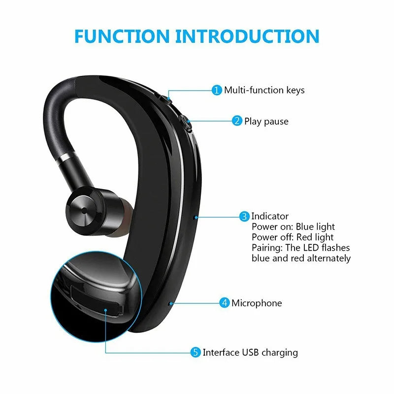 S109 Wireless Bluetooth Universal Hook Earphone Sports Business Single Ear Headset Handsfree Headphones with Mic