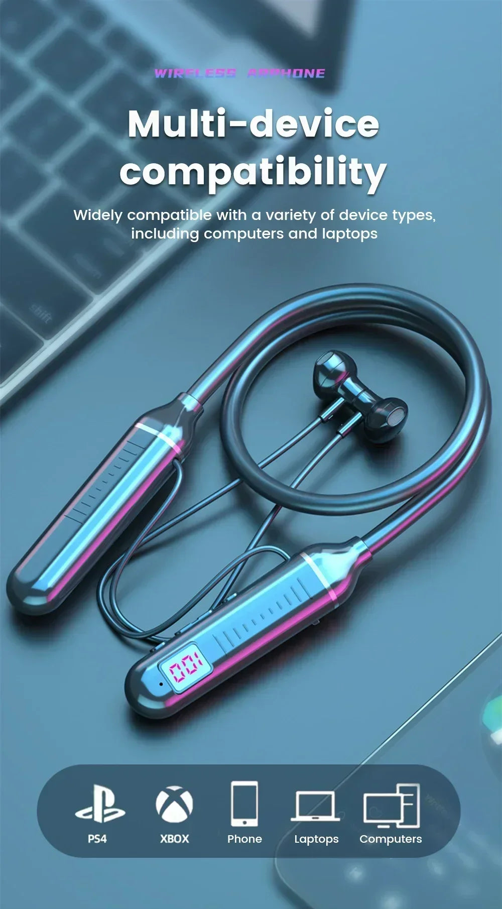 K58pro Wireless Earphones Bluetooth 5.3 Neckband Headphones Gaming LED Display HIFI Headset Sports TWS Earbuds With Mic TF Card