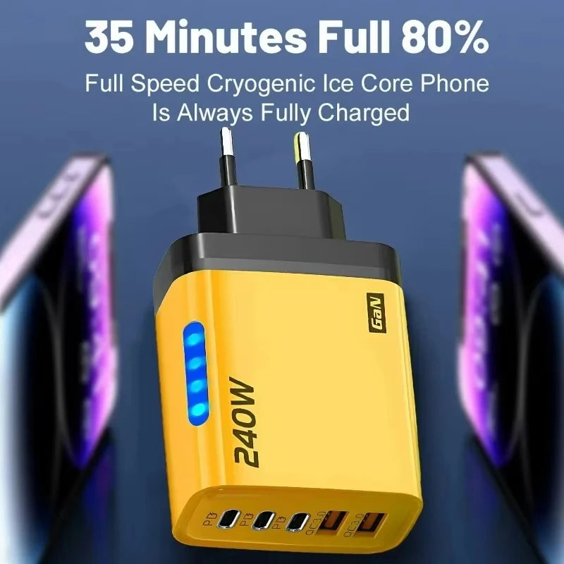 5 in 1 GaN Desktop Charger 240W Fast Charging Adapter For iPhone 17 16 15Pro Samsung 10A USB To Type C Cable 3PD 2USB Charger