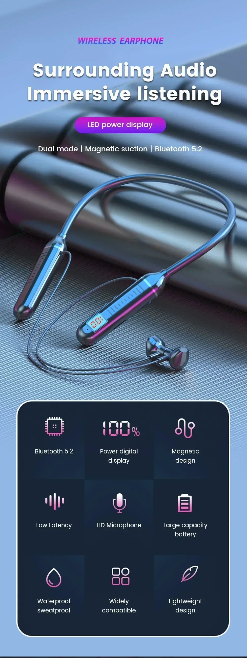K58pro Wireless Earphones Bluetooth 5.3 Neckband Headphones Gaming LED Display HIFI Headset Sports TWS Earbuds With Mic TF Card